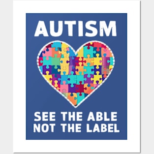 Autism Awareness See The Able Not Label Colored Heart Puzzle Posters and Art